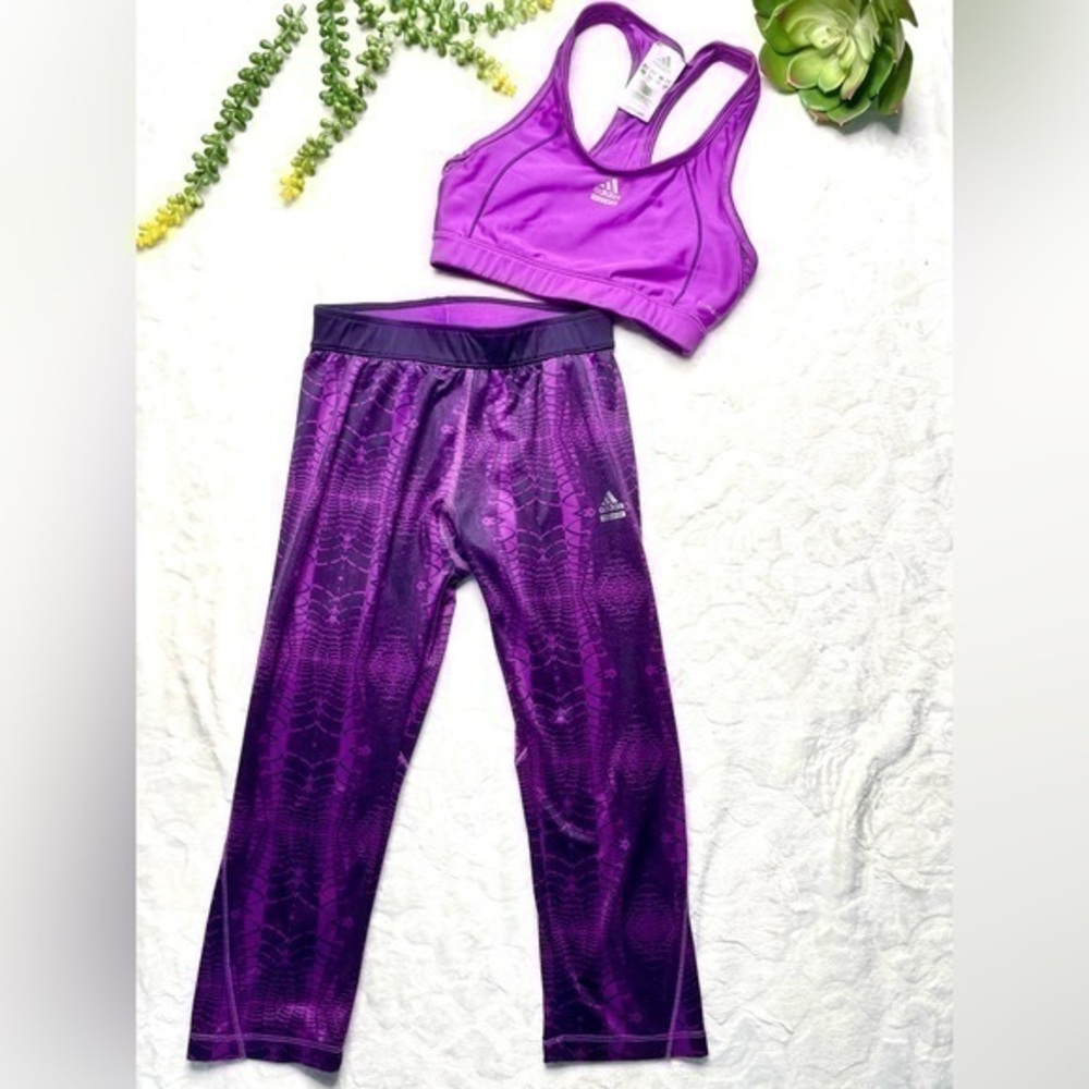 Adidas Climalite Techfit Snake Print Purple Cropped Leggings & Sports Bra Set